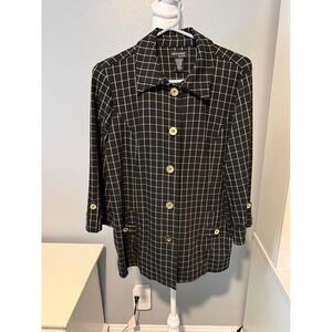 Attyre New York Womens Black White Windowpane Grid Button Up Jacket Large